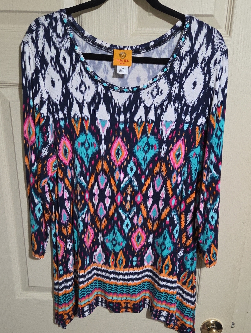 Ruby Rd. Navy Multicolor Ikat 3/4 Sleeve Tunic with Turquoise & Pink Accents